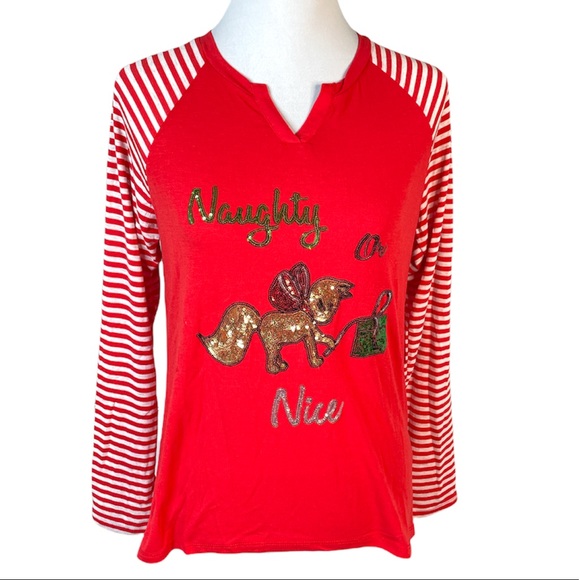 Poof! Kitty Naughty or Nice Shirt, Red, Cream, Green, Medium - Picture 1 of 9